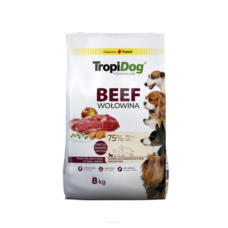 TropiDog Premium – małe rasy bogata w wołowinę 8kg Karma sucha dla psa