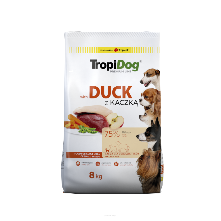 TropiDog Premium – małe rasy z kaczką i ryżem 8kg Karma sucha dla psa