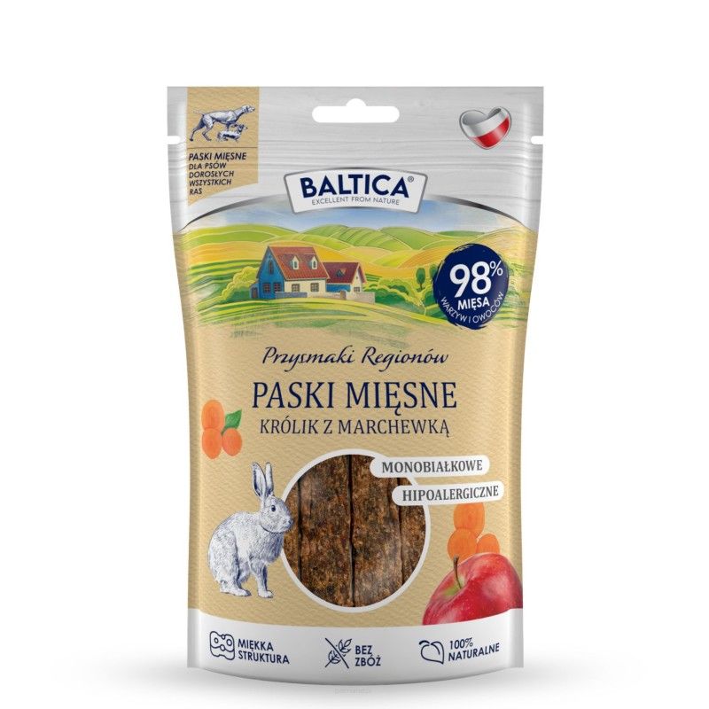 BALTICA PRZYSMAKI REGIONÓW Mięsne paski Królik z marchewką 90g Przysmaki dla psa