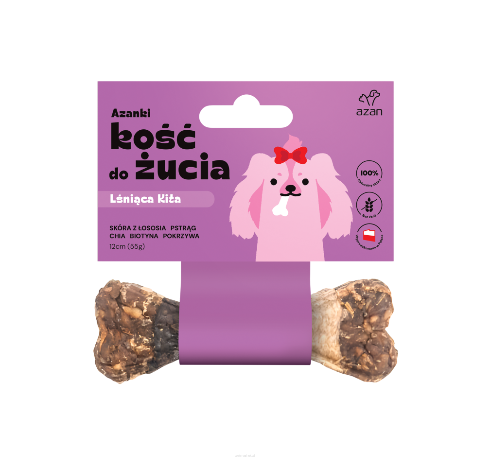Azanki Kość do żucia LŚNIĄCA KITA ze skórą z łososia, biotyną i pokrzywą S/M 12cm
