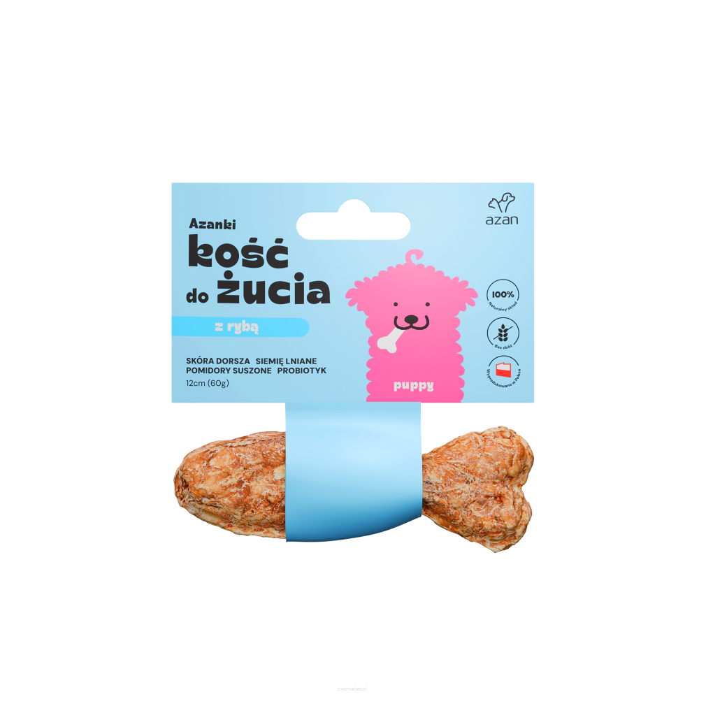 Azanki Kość do żucia PUPPY ze skórą dorsza, siemieniem lnianym, pomidorami suszonymi i probiotykiem 12cm Przysmaki dla psa