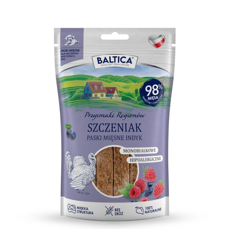 BALTICA PRZYSMAKI REGIONÓW Mięsne paski Szczeniak Indyk 90g Przysmaki dla psa