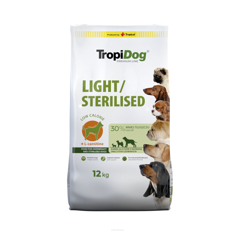 TropiDog Light-Sterilised – wszystkie rasy z wysoką zawartością kurczaka i ryżem 12kg Karma sucha dla psa