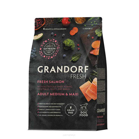 Grandorf Fresh Salmon Medium & Maxi Karma sucha dla psów średnich i dużych ras o zdrowej skórze i sierści lub skłonnych do alergii Łosoś 1kg
