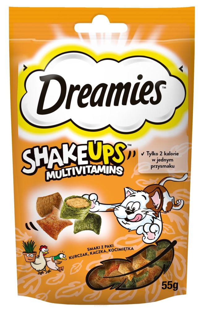 Dreamies Shake Ups Multivitamins 55g Przysmaki Dla Kota z Kurczakiem Kaczką i Kocimiętką