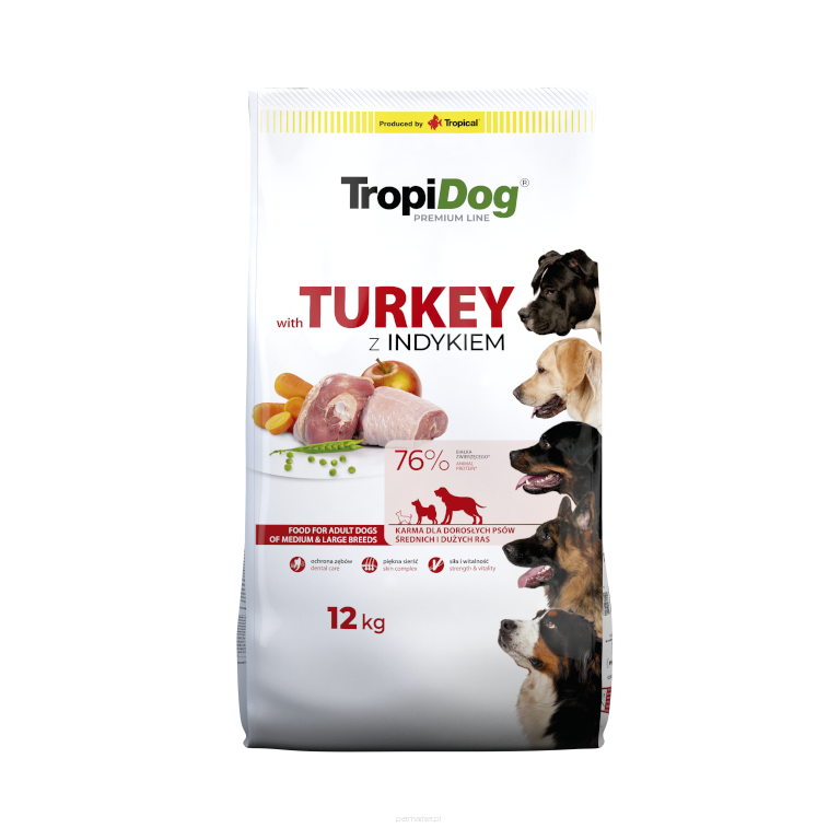 TropiDog Premium – średnie i duże rasy z indykiem i ryżem 12Kg Karma sucha dla psa