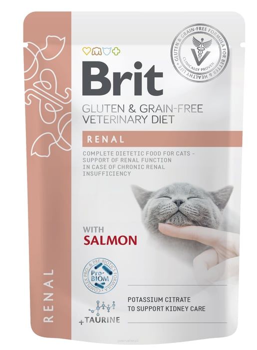 Brit Veterinary Diets Cat Pouches Fillets in Gravy Renal, kurczak i łosoś, 85 g Weterynaryjna karma dla kotów wspomagająca funkcje nerek