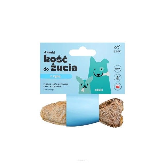 Azanki – Kość do żucia ADULT z flądrą, rozmarynem i krylem w skórze łososia 12cm Przysmaki dla psa