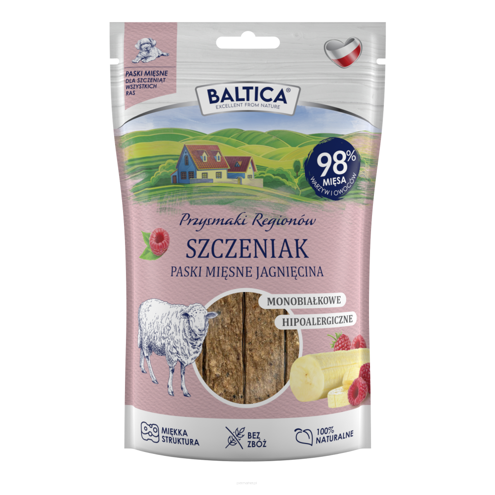 Baltica Przysmaki Regionów Mięsne paski jagnięcina szczeniak 90g Przysmaki dla psa