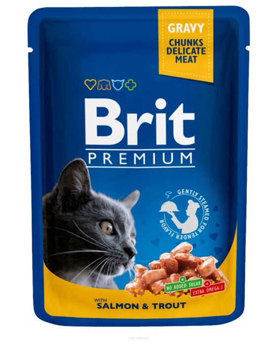 Brit Premium Cat Pouches, łosoś i pstrąg, 100 g Pełnoporcjowa karma mokra dla dorosłych kotów wszystkich ras