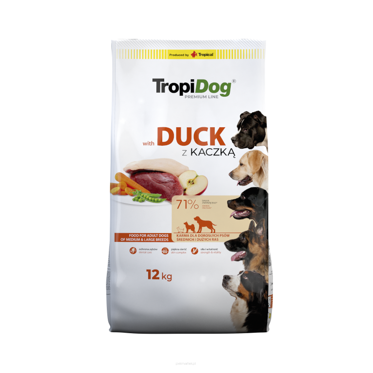 TropiDog Premium – średnie i duże rasy z kaczką i ryżem 12kg Karma sucha dla psa